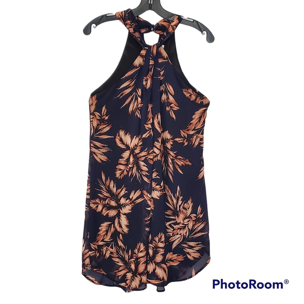 Astr chiffon halter neck mini dress navy blue w tropical palm print flowy medium
